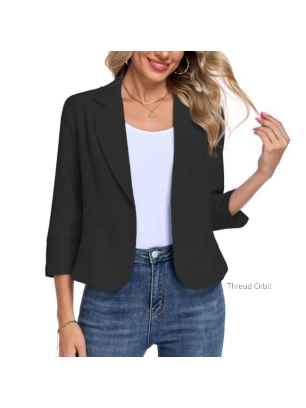 Womens Cropped Blazer Business Casual Notch Lapel Single Button 3/4 Sleeve